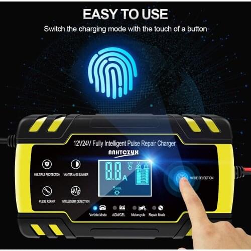 FoxsurFull Automatic Car Battery Charger24V 4A 12V 8A Pulse Repair LCD Display Smart Fast Charge AGM Deep Cycle GEL Lead-Acid
