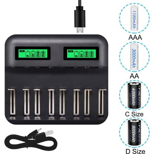 Battery Charger 8-Slot Battery Charger USB Powered AA/AAA/C/D Rechargeable Battery Charger With LCD Display DC 5V 2A