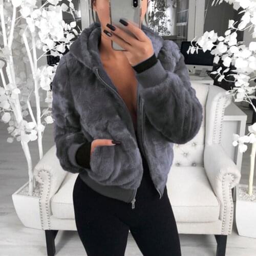 Winter Women Jacekt Solid Fluffy Faux Fur Hooded Neckline Long Sleeve Zipper Ribbed Casual Autumn Warm Outerwear