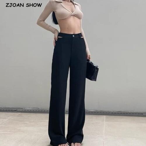 2021 Spring Summer Plain Solid Black Color Hollow Out Waist Wide Leg Pants Woman Loose Trousers Casual Bottom