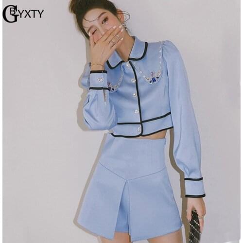 GBYXTY Lady Elegant Crystal Beaded Party Suit Sweet Peter Pan Collar Long Sleeve Shirts and High Waist Shorts 2 Piece Set ZA2505