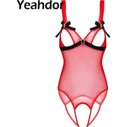 2021 Women One-piece See Through Bodysuit Mesh Lingerie Shoulder Straps Sleeveless Open Cup Crotchless High Leg Cut Jumpsuit