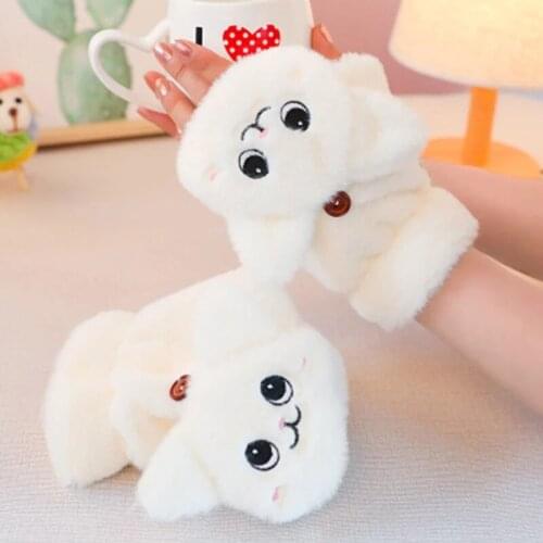 Winter Warm Soft Rabbit Fur Knit Mittens Women Flip Half finger Cycling Bike Ski Gloves Plush Thick Cute Cat Touch screen Gloves