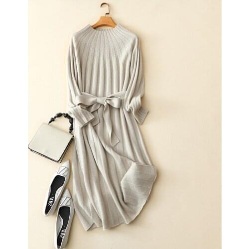 100% cashmere ribbed knit dress long women winter warm fashion casual knitwear pullovers for elegant ladies