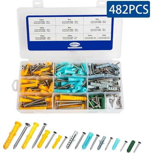 482PCS/Box Plastic Expansion Drywall Anchor Set With Self Tapping Screw Stainless Steel Expansion Tube Assortment Kit