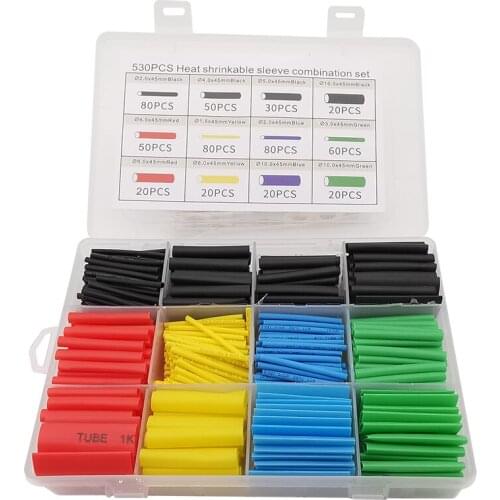 530Pcs/Box Connector Heat Shrink Tube Kit 2:1 Heat Shrinking Assorted Tubing Insulation Electronic Polyolefin Wire Cable Sleeve