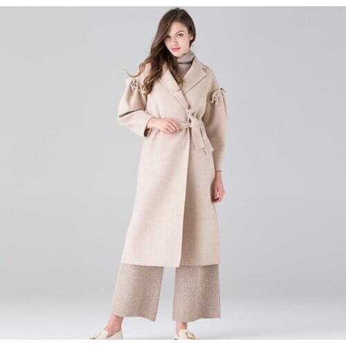 Long woolen blends cashmere coats for women 2019 autumn winter casual ladies jackets plus size Double sided beige belt loose