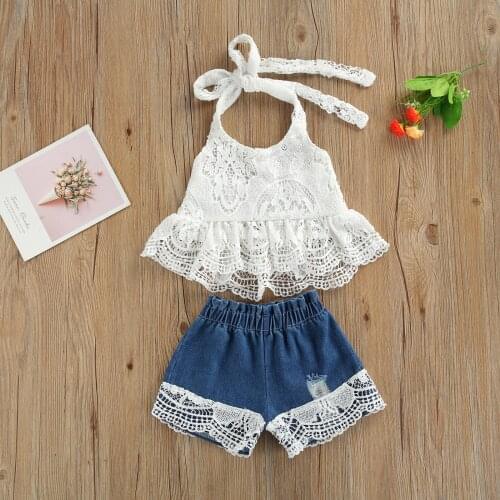 Toddler Baby Girls 2pcs Fashion Camisole +Shorts Halter Neck Vest with Lace Children Kids Fashion Outwear Summer Infant Clothing