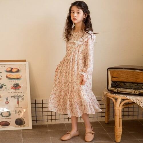 Korean style 10 12 Kids Girls Long Sleeve Dresses Flower Print Chiffon Teenage Girls Party Dresses for Teen Girl