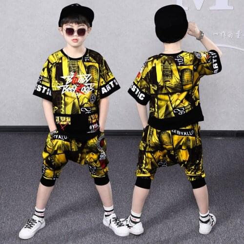 2 Pcs Boys Girls Clothing Set 2021 Summer Hip-Hop Dance Costumes Cotton T-shirt Haren Shorts Outfits Size 5 6 7 8 9 10 11 13 Yrs