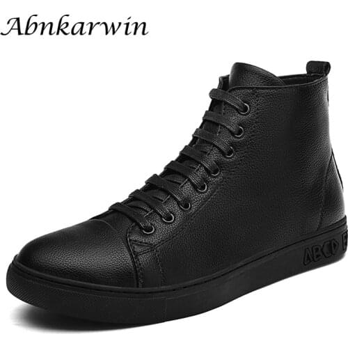 Mens Leather Sneakers Black High Top Men Shoes Casual Autumn Winter Ankle Zapatos De Hombre Casuales Cuero Hip Hop Shoes Size 48