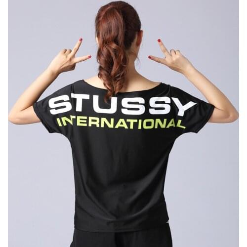 Summer Loose Off-Shoulder Letter Printed Yoga Shirt Women Short Sleeve Sports Gym Fitness Running Quick Dry Yoga T Shirt Tops