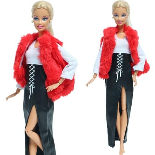 Fashion Doll Outfit Red Coat Soft Fur Vest Jacket Tops Dress Winter Party Warm Wear Clothes for Barbie Doll Accessories Kids Toy