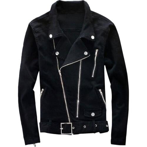 Denim Jacket Men Motorcycle Multi Zipper Belt Jean Coat Punk Slim Fit Outwear Streetwear Clothes Turn-down Collar Casual Jackets