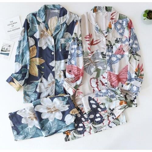 New Spring Summer Pijama Set long-sleeved trousers ladies Cotton pajamas set cardigan printed flower simple home service Wear