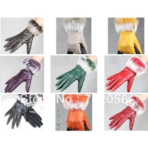 Fashion Women rabbit fur fringed Genuine leather gloves skin gloves LEATHER GLOVES mixed color 12pairs/lot #3120