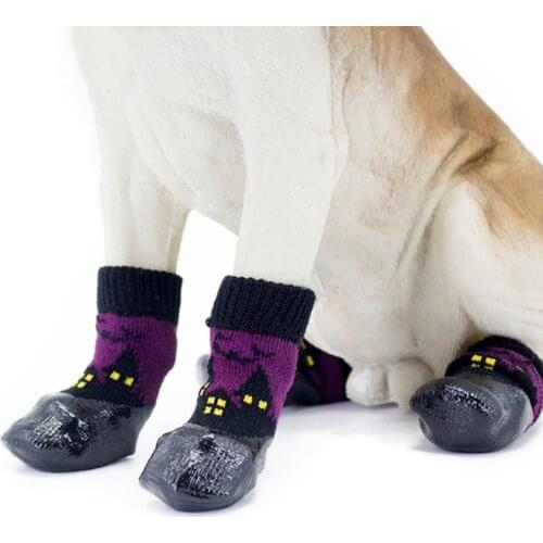 Halloween Dog Rubber Sole Waterproof Purple Anti-slip Boots Paw Protectors Socks Small Medium Large Dog Dirty-proof Feet Cover