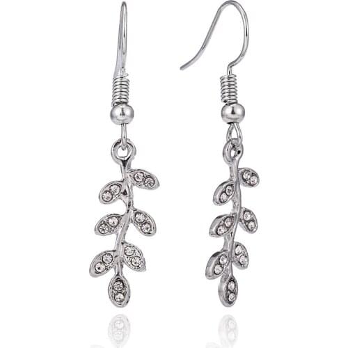 Seialoy Vintage Olive Branch Charm Hook Ear Studs For Women Girls Fine Shiny Crystal Silver Color Eardrop Friends Birthday Gift