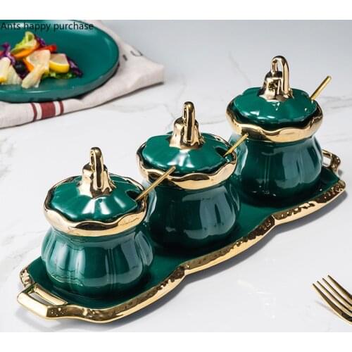 Green seasoning box Three-piece suit Kitchen supplies ceramics Spice jar With tray Oiler spice bottle Home Storage Finishing set