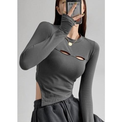 TVVOVVIN Hollow Out Tight Thin T-shirt Women Autumn Base Long Sleeve Irregular Hem Tess Skinny Sexy Hot Girl Female Tops V8SN