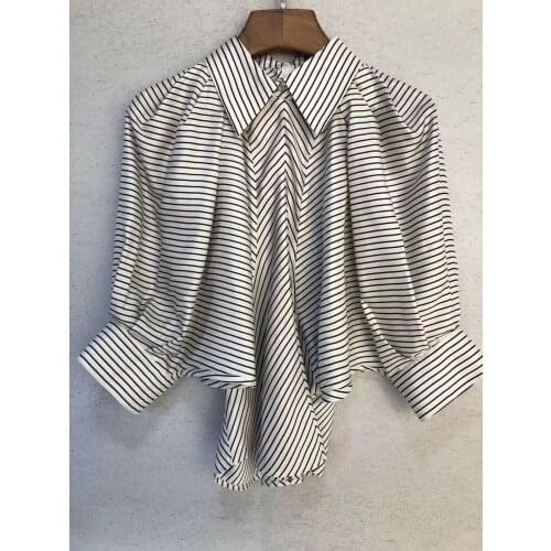 2021 summer 100% Silk Woman Stripe Print Shirt Collar Puff Shoulder Zipper Back Half Sleeved Fashion IrregularTops