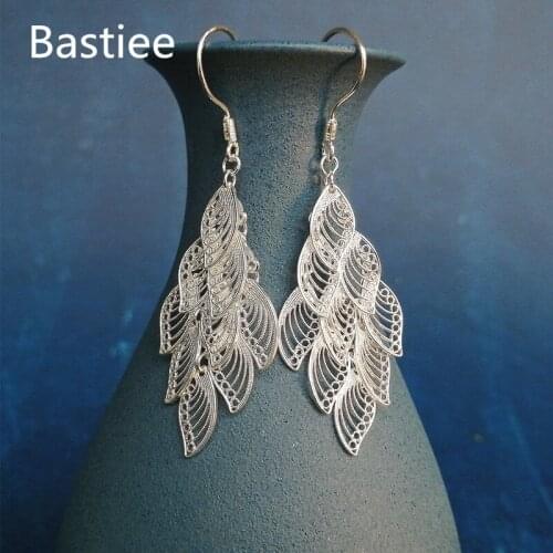 Bastiee 999 Sterling Silver Feather Earrings For Women Luxury Fine Jewelry Box Handmade Miao Silver Earings Gift Dropshipping