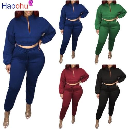 HAOOHU Tracksuit 2pcs Women Set Zipper Turtleneck crop Top Sweatshirt+Jogger Pants Two Pieces Sets Women Clothing Suits Female