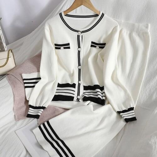 Womens tracksuit 2021 NEW Knitting of breasted cardigan jacket+slim wide-leg pants contrast stripe two-piece female