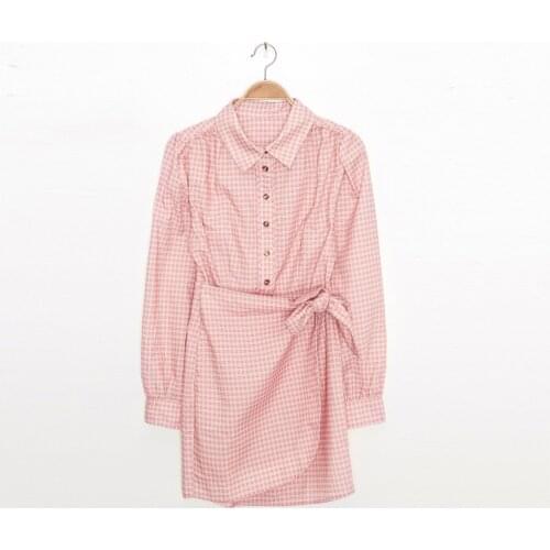 Plaid Print Women Mini Dress 2021 Spring Summer Wrap Slim Waist Lace-Up Irregular Short Dresses with Buttons