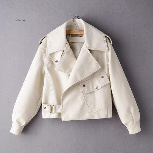 Womens Autumn and Winter Pu Leather Coat Large Lapel Pocket Short Washed Leather Jacket New