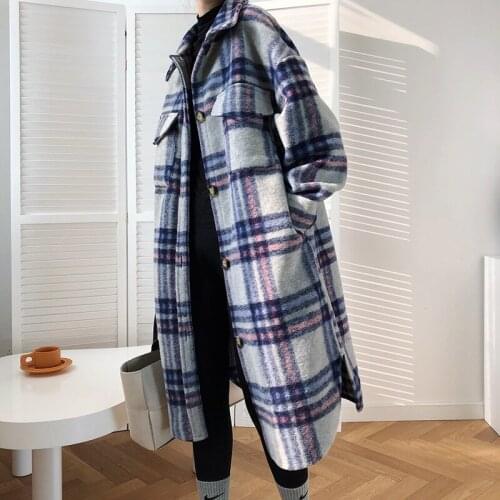 Women Woolen Coats Winter Female Plaid Print Retro Thick Warm New korean Long Jacket Outwear