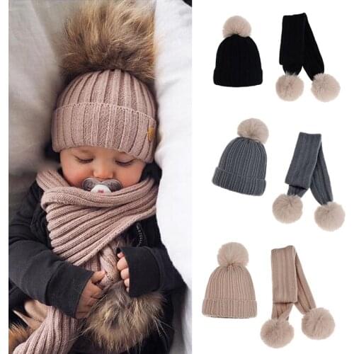 Winter Thick Warm Knitted Baby Hat Scarf Set Cute Pompom Soft Cotton Boy Girl Beanies Scarves Newborn Toddler Hats Bonnet Cap