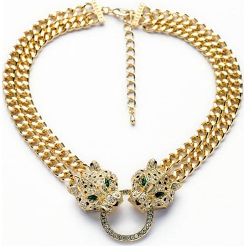 Full Rhinestone Double Leopard Head Pendant Choker Necklace With Double Cuban Chain For Men Women Hip Hop Jewelry