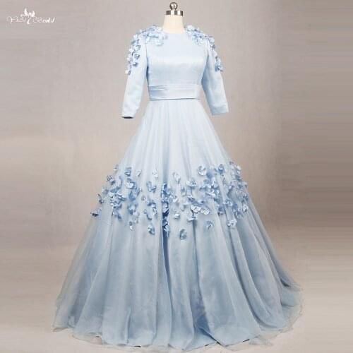 RSE794 Round Neckline Baby Blue Sweet 16 Florals Long Sleeve Quinceanera Dresses