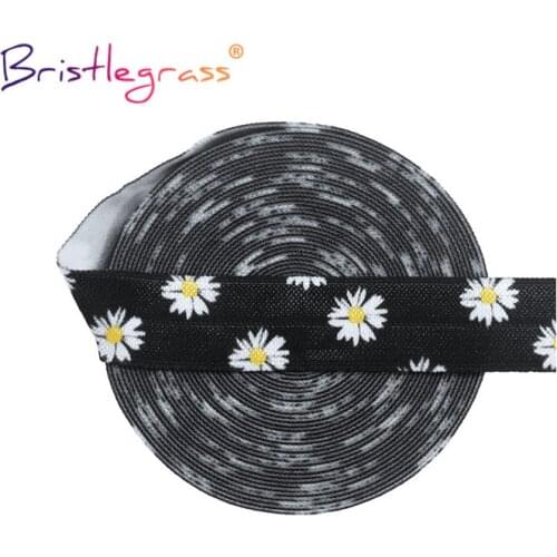BRISTLEGRASS 2 5 10 Yard 5/8" 15mm Daisy Flower Print Foldover Elastic FOE Spandex Satin Band Tape Hair Tie Headband Sewing Trim