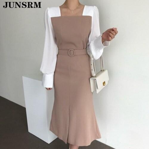 Elegant Square Collar Temperament Dress Women Sexy Sweet Korean Chic Office Lady Vestidos Full Sleeve Slim Waist Belt Dresses