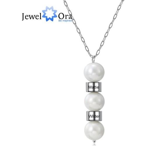 JewelOra Personalized Engraving Pearl Necklace Stainless Steel Custom Name Beads Pendant Necklaces Jewelry Anniversary Gifts