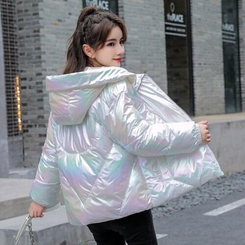 Nice Womens Winter Laser Cotton Paddded Jacket Thick Glossy Warm Short Parkas for Female Hooded Waterproof Bubble Coat Outwear