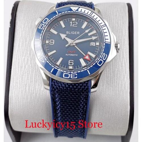 Top BLIGER Brand 41mm Automatic Men Watch GMT Models Ceramic Bezel Rubber Band Sapphire Glass
