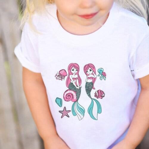 Cute Children Clothing Kids T Shirt Girls Summer White Tops T-shirt Cartoon Mermaid Print T-shirt Short Sleeve Girls Tops 1-12T