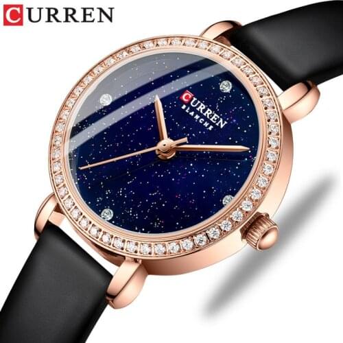 Curren Fashion Luxury Watches Women Quartz Clock with Starry Sky Dial 2021 Leather Rhinestone Wristwatches Female