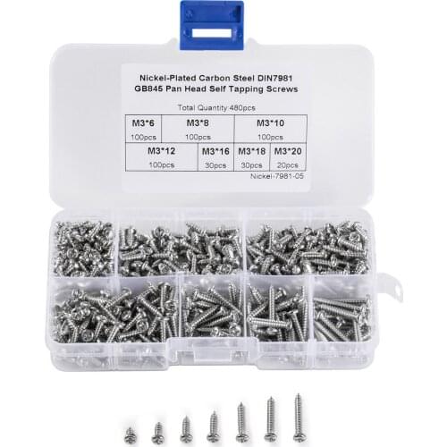 480pcs Metric M3 Hight Quality Round Head Cross Carbon Steel Self-tapping Electronic Small Wood Screws Nails Kit
