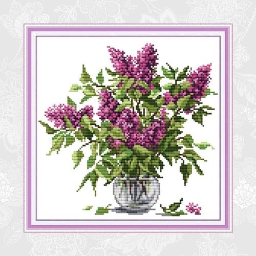 Purple Flower Cross Stitch Kits 14ct Counted Canvas 11ct Printed Fabric Embroidery Threads Sets DIY Handmade Needlework Crafts
