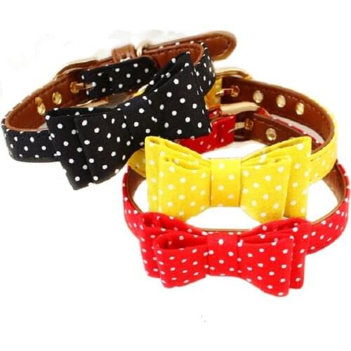Free shipping Pu+cloth dot pattern bowknot small dog collar pet cat accessories mascotas collier pour chien collar perro coleira