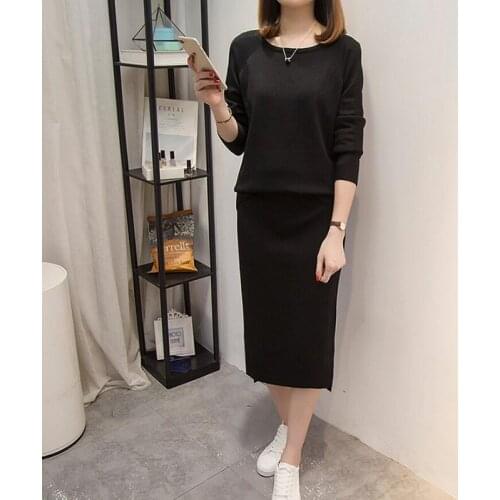 Casual Fashion Two Piece Set Women Autumn Sets O Neck Loose Long Sleeve Top + High Waist Elastic Split Midi Skirt Suit