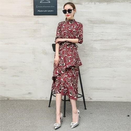 Irregular Floral Chiffon Dress 20018 Womens Clothing Maxi Long Dress Jurken Autumn Long Sleeve Elegant Party Shirt Dresses C182