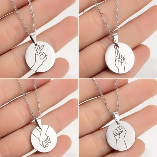 SMJEL Stainless Steel Hand Gestures Language Necklaces I Love You Pinky Swear Okay Hand Drop Disc Pendant Necklace Sister Gift