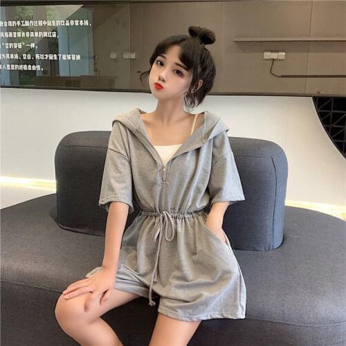 Sports Suit, Female Summer Korean Style Loose Hooded Waist Hugging Student Jumpsuit Ins Short-Height Casual Wide Leg Pants