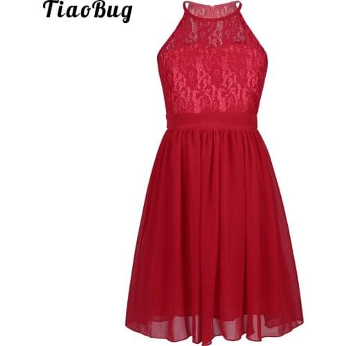TiaoBug Fashion Kids Lace Chiffon Halter Neck Flower Girl Dress Princess Pageant Wedding Bridesmaid Birthday Party Dress