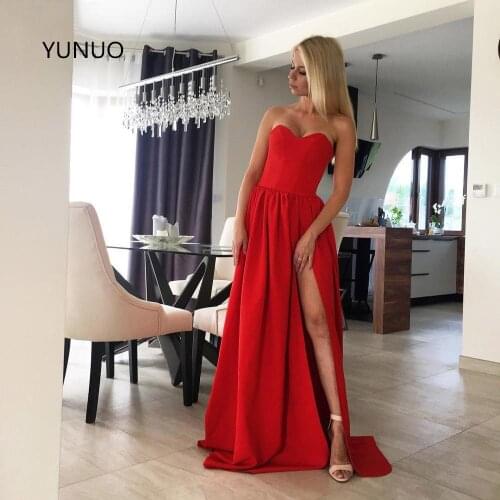 YUNUO Simple Red Evening Gowns Long Prom Dresses Sweetheart Sleeveless Formal Party Dress with Slit A Line Evening Dresses